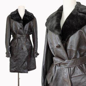Hudson's Bay Leather Jacket Fur Trimmed Trench Coat Lined Belted Plus Size
